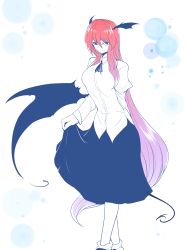 Rule 34 | 1girl, bat wings, breasts, circle, collared shirt, commentary request, curtsey, demon tail, dress shirt, full body, hair between eyes, head wings, highres, juliet sleeves, koakuma, large breasts, long hair, long sleeves, looking at viewer, low wings, mizuga, puffy sleeves, red eyes, red hair, shirt, simple background, skirt, smile, solo, tail, touhou, uneven eyes, very long hair, white background, white shirt, wings