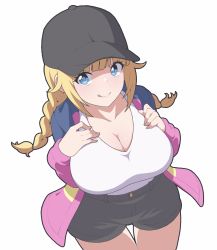 Rule 34 | 1girl, bad id, bad twitter id, black jacket, blazer, blonde hair, blouse, blue eyes, breasts, breasts apart, breasts squeezed together, buttons, cleavage, cleavage cutout, clothing cutout, coat, eye contact, hat, highres, jacket, large breasts, long sleeves, looking at another, open clothes, open jacket, paripi koumei, parka, shilka (amur shilka), shirt, short shorts, short twintails, shorts, simple background, smile, solo, thighs, tongue, tongue out, tsukimi eiko, twintails, white shirt, wide hips
