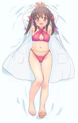 Rule 34 | 1girl, armpits, barefoot, bed sheet, bikini, black hair, blush, breasts, brown eyes, cleavage, cleavage cutout, clothing cutout, coat, feet, from above, full body, hair ornament, hair ribbon, hairclip, halterneck, hands up, highleg, highleg bikini, highres, kyarahiba, lab coat, legs, long hair, looking at viewer, lying, medium breasts, multicolored hair, navel, on back, onii-chan wa oshimai!, open clothes, open coat, open mouth, oyama mihari, purple hair, red bikini, red ribbon, ribbon, solo, swimsuit, thighs, toenails, toes, twintails, two-tone hair, white coat