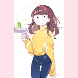 Rule 34 | 1girl, aperture science handheld portal device, blunt bangs, breasts, brown hair, cowboy shot, genderswap, genderswap (mtf), highres, long hair, looking at viewer, mortimer smith, pants, rick and morty, sleeves past wrists, solo, sparkle, standing, sweater, thigh gap, yellow sweater