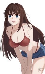 Rule 34 | 1girl, alternate costume, aozaki aoko, bikini, bikini under shorts, blue eyes, breasts, brown hair, cleavage, collarbone, commentary request, denim, hair intakes, highres, large breasts, long hair, looking at viewer, mahou tsukai no yoru, navel, open mouth, red bikini, shintyoi2, short shorts, shorts, simple background, smile, solo, swimsuit, very long hair, white background