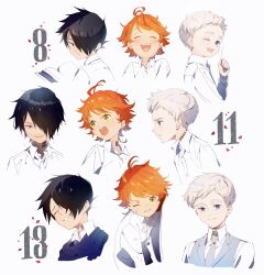 Rule 34 | 1girl, 2boys, age comparison, age progression, awarin, black hair, blue eyes, blue scarf, blue vest, book, character age, closed mouth, collared shirt, emma (yakusoku no neverland), green eyes, grey necktie, hair over one eye, highres, multiple boys, neck tattoo, necktie, norman (yakusoku no neverland), number tattoo, one eye closed, open book, open mouth, orange hair, ray (yakusoku no neverland), ribbon, scarf, shirt, smile, tattoo, upper body, vest, white hair, white ribbon, white shirt, yakusoku no neverland