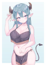 Rule 34 | aqua hair, bare arms, bare shoulders, blue background, blue eyes, blush, border, breasts, cleavage, commentary, cowboy shot, crop top, demon girl, demon horns, demon tail, horn ornament, horn ribbon, horns, large breasts, loincloth, long hair, looking at viewer, navel, orange ribbon, original, outside border, parted lips, pointy ears, ribbon, sidelocks, simple background, skindentation, sleeveless, solo, stomach, symbol-only commentary, tail, ushinomiya, white border
