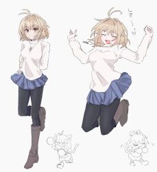 Rule 34 | 1girl, ahoge, arcueid brunestud, black pantyhose, blonde hair, blue skirt, boots, brown footwear, closed eyes, commentary, highres, jewelry, jumping, kaigan0211, long sleeves, looking at viewer, melty blood, miniskirt, necklace, neco-arc, open mouth, pantyhose, parted lips, red eyes, simple background, skirt, smile, solo focus, sweater, symbol-only commentary, tsukihime, turtleneck, turtleneck sweater, white background, white sweater