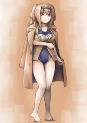 Rule 34 | bare legs, breasts, brown eyes, coat, full body, hairband, highres, i-26 (kancolle), jacket, kantai collection, large breasts, light brown hair, long hair, long sleeves, miyasutou, name tag, new school swimsuit, one-piece swimsuit, open clothes, open mouth, orange background, sailor collar, school swimsuit, smile, solo, swimsuit, swimsuit under clothes, two-tone hairband, two side up