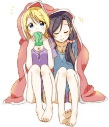 Rule 34 | 10s, 2girls, :&gt;, ^^^, alternate hairstyle, ayase eli, barefoot, blanket, blonde hair, blue eyes, blue hair, blue shirt, blush, braid, breasts, cleavage, coffee mug, collarbone, cup, drinking, closed eyes, feet, full body, hair down, hair ornament, hair scrunchie, looking at another, love live!, love live! school idol festival, love live! school idol project, low ponytail, mug, multiple girls, purple shirt, scrunchie, sharing, shigure (sigre), shirt, short sleeves, side-by-side, simple background, sitting, smile, t-shirt, toes, tojo nozomi, white background