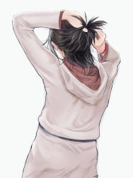 Rule 34 | 1girl, black hair, commentary, english commentary, from behind, grey background, hands up, hood, kingdom hearts, long sleeves, male focus, mizu ramen, simple background, solo, standing, tying hair