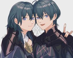 Rule 34 | 1boy, 1girl, 4ki ori9, ahoge, armor, black armor, blue hair, byleth (female) (fire emblem), byleth (fire emblem), byleth (male) (fire emblem), closed mouth, commentary, fire emblem, fire emblem: three houses, hair between eyes, hand on another&#039;s shoulder, highres, lips, long hair, looking at viewer, nintendo, open mouth, pink lips, purple eyes, short hair, simple background, smile, twitter username, white background