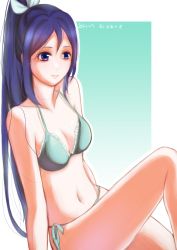 Rule 34 | 1girl, artist name, artist request, bare legs, bikini, blue hair, blush, bow, breasts, cleavage, collarbone, female focus, green bikini, hair between eyes, hair bow, high ponytail, knee up, long hair, looking at viewer, love live!, love live! sunshine!!, matsuura kanan, parted lips, ponytail, purple eyes, side-tie bikini bottom, sitting, small breasts, smile, solo, swimsuit, white bow
