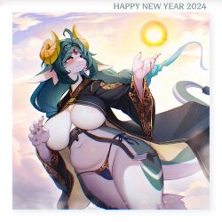 Rule 34 | 1girl, 2024, black dress, black sleeves, blue panties, body fur, breasts, chinese zodiac, closed mouth, cloud, commentary, dragon girl, dragon tail, dress, english text, furry, furry female, green fur, green hair, happy new year, highres, large breasts, long hair, looking to the side, navel, new year, original, outdoors, panties, red eyes, side-tie panties, sky, smile, solo, stomach, tail, thighs, two-tone fur, underwear, white fur, whooo-ya, year of the dragon