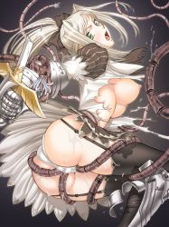 Rule 34 | &gt;:o, 1girl, :o, arm grab, arm held back, armor, ascot, ass, black background, black thighhighs, blonde hair, blush, breasts, breasts out, broken, broken sword, broken weapon, cameltoe, clothes lift, floating hair, from side, garter straps, gauntlets, gradient background, greaves, green eyes, hair intakes, hair ribbon, head tilt, high ponytail, himekishi lilia, holding, holding weapon, lace, large breasts, lilia eberwein, lilith-soft, long hair, looking at viewer, looking back, moaning, nipples, no bra, official art, open mouth, outstretched arm, panties, pinstripe pattern, pleated skirt, ponytail, puffy sleeves, rape, restrained, ribbon, shirt, sidelocks, silver hair, skindentation, skirt, skirt lift, slime (substance), solo, striped, sword, tentacles, tentacles under clothes, thigh grab, thighhighs, thighs, torn clothes, torn shirt, underwear, upskirt, v-shaped eyebrows, weapon, wet, wet clothes, white panties, zol