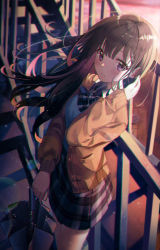 Rule 34 | 1girl, absurdres, backlighting, blush, breasts, brown hair, cardigan, chromatic aberration, city, cowboy shot, eumi 114, frown, highres, large breasts, long hair, looking at viewer, original, outdoors, pleated skirt, purple eyes, school uniform, skirt, solo, standing, sunset, thighs, umbrella, uniform
