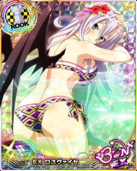 Rule 34 | 1girl, antenna hair, aqua eyes, ass, back, bikini, blush, breasts, card (medium), character name, chess piece, closed mouth, demon wings, flower, hair flower, hair ornament, hair ribbon, high school dxd, high school dxd born, jewelry, large breasts, long hair, looking at viewer, multicolored bikini, multicolored clothes, navel, necklace, official art, partially submerged, ribbon, rook (chess), rossweisse, silver hair, smile, solo, swimsuit, thighs, trading card, tropical, very long hair, water, wet, wings