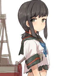 Rule 34 | 1girl, alchera, black eyes, black hair, black sailor collar, blue neckerchief, commentary request, fubuki (kancolle), kantai collection, long hair, looking at viewer, low ponytail, machinery, neckerchief, ponytail, sailor collar, school uniform, serafuku, short ponytail, sidelocks, simple background, solo, torn clothes, upper body, white background