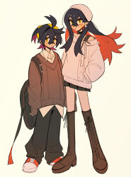 Rule 34 | 1boy, 1girl, absurdres, backpack, bag, baggy pants, black hair, black pants, black skirt, boots, brother and sister, brown sweater, carmine (pokemon), chain, chain necklace, collar, collared shirt, creatures (company), crossed bangs, earrings, frown, full body, game freak, hair between eyes, hairband, hands in pockets, hat, highres, jewelry, kieran (pokemon), knee boots, kneehighs, long hair, long sleeves, looking at viewer, mole, mole under eye, multicolored hair, necklace, nintendo, off-shoulder sweater, off shoulder, open mouth, pants, pokemon, pokemon sv, purple hair, red hair, shirt, shoes, short hair, siblings, sidelocks, skirt, socks, strap, sweater, tisanntisyou, white hat, white collar, white shirt, white sweater, yellow eyes, yellow hairband