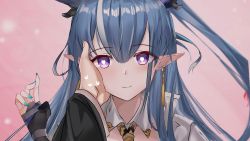 Rule 34 | 1boy, 1girl, arknights, blue hair, blue nails, bridal gauntlets, earrings, hair between eyes, hand on another&#039;s face, hand up, heart, heart-shaped pupils, horns, jewelry, ling (arknights), long hair, long sleeves, long wuxian, looking at viewer, multicolored hair, nail polish, out of frame, pointy ears, ponytail, portrait, purple eyes, shirt, solo focus, streaked hair, symbol-shaped pupils, white hair, white shirt, wide sleeves