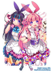 Rule 34 | 2girls, animal ears, ascot, bad id, bad pixiv id, black eyes, black hair, blueberry, blunt bangs, blush stickers, card, chocolate, clubs, diamond (shape), dice, dress, food, fruit, hair ornament, heart, highres, hime cut, locked arms, long hair, maid, maid headdress, mary janes, multiple girls, original, pantyhose, petticoat, pink hair, playing card, rabbit ears, raspberry, shoes, smile, sougishi ego, spade, thighhighs, twintails, v, whipped cream