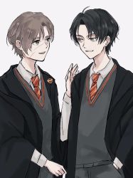 Rule 34 | 2boys, black hair, black robe, blue eyes, brown hair, collar, eyebrows, facial scar, green eyes, hand in pocket, hand on another&#039;s shoulder, harry potter (series), highres, hogwarts school uniform, looking at another, male focus, multiple boys, necktie, parted lips, remus lupin, robe, scar, scar on cheek, scar on face, scar on nose, school uniform, short hair, simple background, sirius black, striped necktie, striped neckwear, teeth, uniform, wing collar, wizarding world