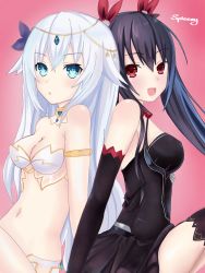 Rule 34 | 2girls, black hair, black heart (neptunia), blue eyes, breasts, detached sleeves, four goddesses online: cyber dimension neptune, hair ornament, highres, long hair, looking at viewer, multiple girls, neptune (series), noire (neptunia), open mouth, red eyes, self-upload, simple background, smile, spleeny, symbol-shaped pupils, white hair