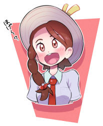 Rule 34 | 1girl, asymmetrical hair, blush, border, braid, breast pocket, breasts, brown hair, buck teeth, collared shirt, creatures (company), cropped torso, fang, female focus, fuecoco, fumirumochigashin, game freak, grey shirt, hair ornament, hairclip, happy, hat, highres, japanese text, juliana (pokemon), long hair, nintendo, open mouth, outline, pocket, pokemon, pokemon sv, red background, red eyes, red theme, school uniform, shirt, short sleeves, side braid, simple background, single braid, small breasts, smile, solo, sun hat, swept bangs, talking, teeth, tongue, translation request, upper body, white border, white hat, white outline