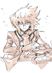 Rule 34 | 1boy, buttons, card, commentary request, duel disk, floating hair, fushitasu, hands up, jacket, long sleeves, male focus, open clothes, open jacket, parted lips, serious, sketch, solo, upper body, yu-gi-oh!, yuki judai