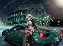 Rule 34 | 1girl, absurdres, alternate costume, azur lane, boots, breasts, car, character name, colosseum, commentary, copyright name, ferrari, ferrari 488, gloves, green hair, headset, highres, italy, jacket, kcar66t, lamppost, large breasts, license plate, littorio (azur lane), long hair, looking at viewer, miniskirt, motor vehicle, night, partially fingerless gloves, product placement, race queen, real world location, rome (city), skirt, sports car, thighhighs, underboob