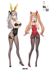 Rule 34 | 2girls, alternate breast size, alternate costume, black nails, blush, breast conscious, breast size switch, breasts, dated, girls&#039; frontline, grey hair, high heels, highres, large breasts, leotard, light brown hair, long hair, multiple girls, nail polish, ouer moyu, pantyhose, playboy bunny, rabbit tail, red nails, scar, scar across eye, scar on face, side ponytail, small breasts, smile, twintails, ump45 (girls&#039; frontline), ump9 (girls&#039; frontline), very long hair