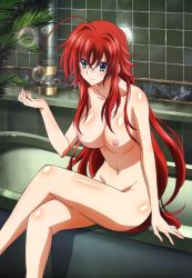 Rule 34 | 10s, 1girl, ahoge, antenna hair, bathtub, blue eyes, blush, body blush, breasts, bubble, collarbone, crossed legs, female focus, groin, high school dxd, highres, large breasts, legs, long hair, looking at viewer, navel, nipples, nude, nude filter, red hair, rias gremory, sitting, smile, solo, thighs, third-party edit, very long hair