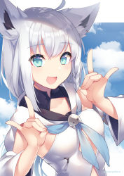 1girl absurdres ahoge animal_ears blue_eyes blue_neckwear blue_sky blush braid breasts cloud cloudy_sky commentary detached_sleeves fox_ears fox_shadow_puppet highres hololive hood hoodie long_hair looking_at_viewer medium_breasts nyasunyadoora open_mouth shirakami_fubuki shirakami_fubuki_(1st_costume) side_braid silver_hair single_braid sky smile solo twitter_username upper_body virtual_youtuber white_hoodie