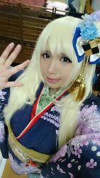 Rule 34 | 1girl, asian, blonde hair, chouzuki maryou, highres, japanese clothes, kimono, lipstick, makeup, photo (medium), plump, solo