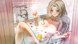 Rule 34 | 1girl, absurdres, bath, bathing, blue eyes, blush, breasts, collarbone, completely nude, gotica, grey hair, highres, large breasts, lee rein, long hair, mole, mole on breast, mole under eye, navel, nude, partially submerged, petals, petals on liquid, rubber duck, shower curtain, smile, solo, sparkle, tile wall, tiles, virtual youtuber, vlyz, water