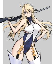 Rule 34 | alternate costume, blonde hair, blue eyes, breasts, cosplay, covered navel, garter straps, grey background, gun, highres, holding, holding weapon, iowa (kancolle), kantai collection, large breasts, leotard, leotard under clothes, odachu, rifle, thighhighs, tiffany lords, tiffany lords (cosplay), weapon