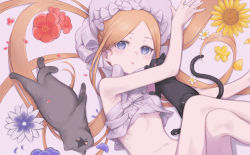 Rule 34 | 1girl, abigail williams (fate), abigail williams (swimsuit foreigner) (fate), absurdres, bare shoulders, bikini, black cat, blonde hair, blue eyes, blush, bonnet, bow, breasts, cat, daisi gi, fate/grand order, fate (series), flower, forehead, hair bow, highres, long hair, looking at viewer, lying, navel, on side, parted bangs, sidelocks, small breasts, swimsuit, thighs, twintails, very long hair, white bikini, white bow, white headwear