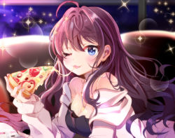 Rule 34 | 10s, 1girl, :3, :p, blue eyes, blush, breasts, brown hair, cheese trail, chocho (homelessfox), cleavage, earrings, eating, food, ichinose shiki, idolmaster, idolmaster cinderella girls, jewelry, long hair, looking at viewer, one eye closed, pizza, smile, solo, tongue, tongue out