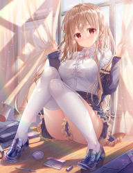 Rule 34 | 1girl, ass, bag, black footwear, black jacket, black skirt, braid, breasts, brown hair, closed mouth, collared shirt, commentary request, curtain grab, curtains, eraser, full body, hair between eyes, hair ribbon, highres, jacket, knees together feet apart, long hair, long sleeves, looking at viewer, medium breasts, pencil, pencil case, red eyes, ribbon, school bag, school uniform, shirt, sitting, skirt, solo, sousouman, thighhighs, thighs, twinbox school, white shirt, white thighhighs, window, wooden floor