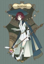 Rule 34 | 1girl, atelier (series), atelier sophie, book, boots, brown eyes, brown hair, character name, closed mouth, commentary request, cross-laced footwear, dress, from side, full body, gloves, hat, high heels, highres, holding, holding staff, knee boots, kuromame (honey 728), light smile, looking at viewer, open book, pantyhose, short hair, sleeveless, sleeveless dress, solo, sophie neuenmuller, staff, standing, striped, striped background, vertical stripes, white dress, white footwear, white gloves, white pantyhose