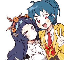 Rule 34 | 2girls, blue hair, closed mouth, collared shirt, commentary request, dark blue hair, employee (project moon), grey eyes, jacket, lobotomy corporation, long hair, medu (rubish), multiple girls, necktie, open clothes, open jacket, open mouth, pale skin, project moon, red eyes, red necktie, shirt, short bangs, sitting, sketch, smile, v, v-shaped eyebrows, vest, white background, white jacket, white necktie, white shirt, yellow jacket, yellow vest