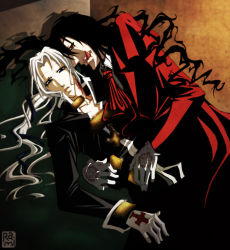 Rule 34 | 00s, 2boys, abel nightroad, alucard (hellsing), bite mark, black eyes, black hair, blood, blood on face, coat, crossover, formal, gloves, hellsing, indoors, injury, insignia, long hair, looking at viewer, male focus, multiple boys, necktie, overcoat, red coat, red eyes, suit, tongue, tongue out, trinity blood, vampire, white gloves, white hair, yaoi