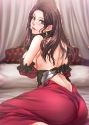 Rule 34 | 1girl, ass, back, backless dress, backless outfit, bed, blush, breasts, brown hair, butt crack, dimples of venus, dorothea arnault, dress, earrings, fire emblem, fire emblem: three houses, green eyes, jewelry, kobapyon, large breasts, long hair, looking at viewer, nintendo, sideboob