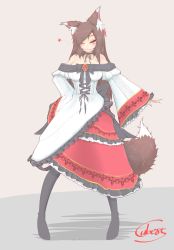 Rule 34 | 1girl, alternate costume, animal ears, blush, breasts, brooch, brown hair, cleavage, cube85, dress, fang, fingernails, hair ornament, highres, imaizumi kagerou, jewelry, large breasts, long fingernails, nail polish, no shoes, one eye closed, smirk, solo, tail, thighhighs, touhou, wolf ears, wolf tail