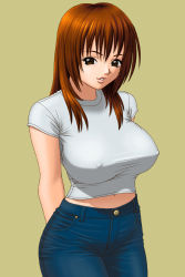 Rule 34 | 1girl, arms behind back, breasts, brown eyes, brown hair, buttons, covered erect nipples, crop top, curvy, denim, eyes visible through hair, female focus, green background, highres, huge breasts, huge nipples, jeans, lips, lipstick, looking at viewer, makeup, matching hair/eyes, navel, nipples, no bra, original, pants, parted lips, puckered lips, puffy nipples, shiny skin, shirt, short hair, simple background, sleeveless, sleeveless shirt, solo, standing, tatsunami youtoku, teeth, tight clothes, tight pants, tight shirt, white shirt