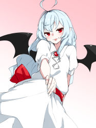 Rule 34 | 1girl, :p, ahoge, alternate hair length, alternate hairstyle, back bow, bat wings, blue hair, blush, bow, breasts, brooch, commentary request, dress, eyebrows hidden by hair, from below, gradient background, hand on own knee, highres, jewelry, kameyan, light blue hair, long hair, looking at viewer, no headwear, pink background, pointy ears, puffy short sleeves, puffy sleeves, red bow, red eyes, remilia scarlet, short sleeves, simple background, slit pupils, small breasts, solo, tongue, tongue out, touhou, white dress, wings