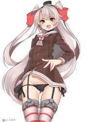 Rule 34 | 10s, 1girl, absurdres, amatsukaze (kancolle), black panties, buta tamako, choker, female focus, from below, garter straps, hair ornament, highres, kantai collection, long hair, looking down, open mouth, panties, see-through, side-tie panties, signature, silver hair, simple background, solo, standing, striped clothes, striped thighhighs, thighhighs, underwear, upper body, white background, yellow eyes