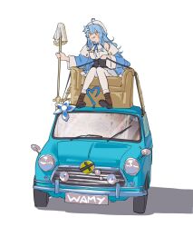 Rule 34 | 1girl, :q, ahoge, blue bow, blue bowtie, blue car, blue hair, boots, bow, bowtie, brown footwear, car, coat, commentary, couch, english commentary, flower, flower on head, hair ornament, heart, heart ahoge, highres, holding, holding mop, hololive, hyde (tabakko), long hair, mop, motor vehicle, mr bean (series), on couch, open clothes, open coat, pointy ears, solo, tongue, tongue out, virtual youtuber, white headwear, winter clothes, yellow eyes, yukihana lamy, yukihana lamy (1st costume)