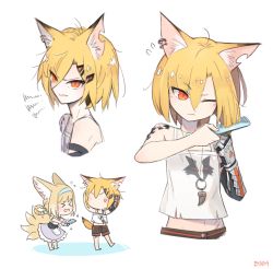 Rule 34 | 2girls, animal ear fluff, animal ears, arknights, bare arms, bare shoulders, barefoot, birb b304, black shorts, blonde hair, braid, braided hair rings, brushing hair, camisole, chibi, comb, commentary, crop top, ear piercing, eyes visible through hair, flying sweatdrops, fox ears, fox girl, fox tail, gauntlets, hair between eyes, hair rings, holding, kitsune, material growth, midriff, multicolored hair, multiple girls, navel, oripathy lesion (arknights), parted lips, piercing, purple skirt, red eyes, shirt, short shorts, shorts, signature, skirt, squiggle, suzuran (arknights), symbol-only commentary, tail, two-tone hair, vermeil (arknights), white background, white camisole, white hair, white shirt