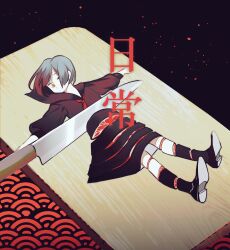 Rule 34 | 1girl, black background, black dress, black footwear, black socks, check translation, cutting board, dress, flat chest, full body, grey hair, guro, hair over one eye, highres, implied cannibalism, kitchen knife, kneehighs, long sleeves, looking at viewer, mini person, minigirl, miniskirt, multicolored hair, necktie, one eye covered, orange eyes, original, outstretched arms, oversized object, petals, red hair, red necktie, seigaiha, shoe soles, short hair, skirt, sliced meat, socks, solo, spread arms, ssbaby, streaked hair, torn clothes, torn skirt, torn socks, translation request