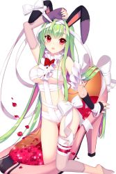Rule 34 | 1girl, alternate costume, animal ears, arm up, barefoot, bow, breasts, rabbit ears, cleavage, full body, green hair, high heels, long hair, looking at viewer, medium breasts, official art, open mouth, oversized shoes, petals, red eyes, ribbon, shirahane nao, shura (soccer spirits), soccer spirits, solo, stitched, stitches, third-party edit, underboob, very long hair, white bow, white ribbon