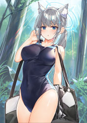 Rule 34 | 1girl, :o, animal ear fluff, animal ears, arm behind back, bag, blue archive, blue eyes, blush, breasts, competition swimsuit, covered navel, ear piercing, extra ears, forest, grey hair, groin, halo, hand up, holding, holding bag, kibanda gohan, large breasts, long hair, nature, one-piece swimsuit, parted lips, piercing, shiroko (blue archive), shiroko (swimsuit) (blue archive), side ponytail, solo, swimsuit, thighs, tree