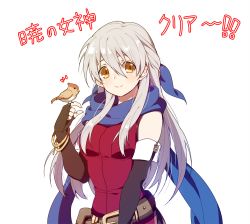 Rule 34 | 1girl, belt, belt pouch, bird, black gloves, blue ribbon, blue scarf, bracelet, closed mouth, elbow gloves, fingerless gloves, fire emblem, fire emblem: radiant dawn, gloves, hair ribbon, inha (ingha), jewelry, micaiah (fire emblem), nintendo, pouch, ribbon, scarf, silver hair, simple background, sleeveless, smile, solo, upper body, white background, yellow eyes, yune (fire emblem)