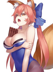 Rule 34 | 1girl, animal ear fluff, animal ears, arm at side, artist request, bare shoulders, between breasts, bow, breast hold, breasts, brown pantyhose, chocolate, cleavage, covered navel, fate/grand order, fate (series), fox ears, fox tail, hair between eyes, hair bow, highres, large breasts, leotard, long hair, non-web source, open mouth, pantyhose, pink hair, simple background, solo, tail, tamamo (fate), tamamo no mae (fate/extra), twintails, white background, yellow eyes